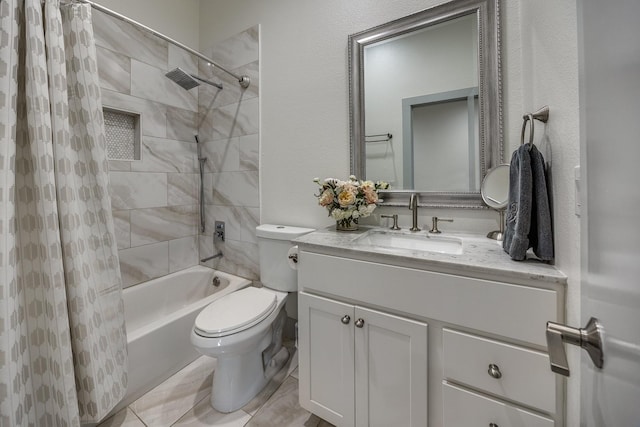 full bathroom with vanity, tile patterned flooring, shower / bathtub combination with curtain, and toilet