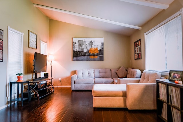 living room featuring lofted ceiling with beams and dark hardwood / wood-style floors