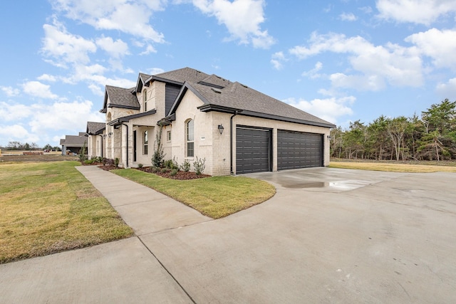 view of property exterior with a yard and a garage