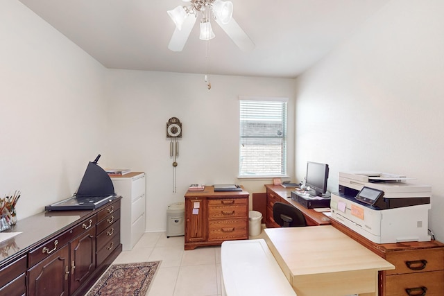 tiled office space with ceiling fan