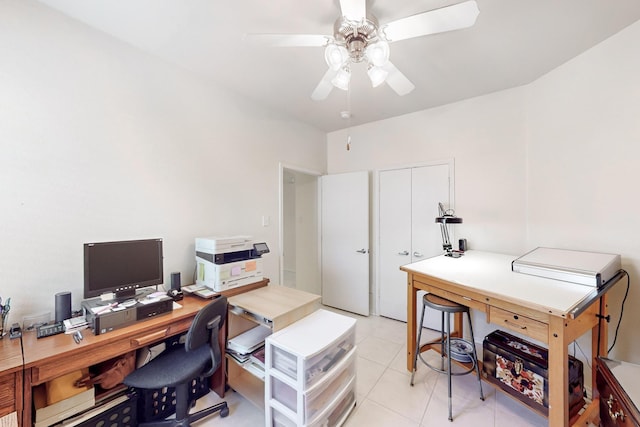 tiled office with ceiling fan