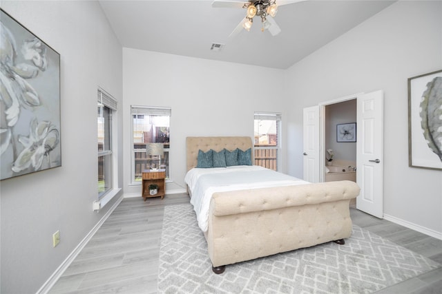 bedroom with light hardwood / wood-style flooring and ceiling fan