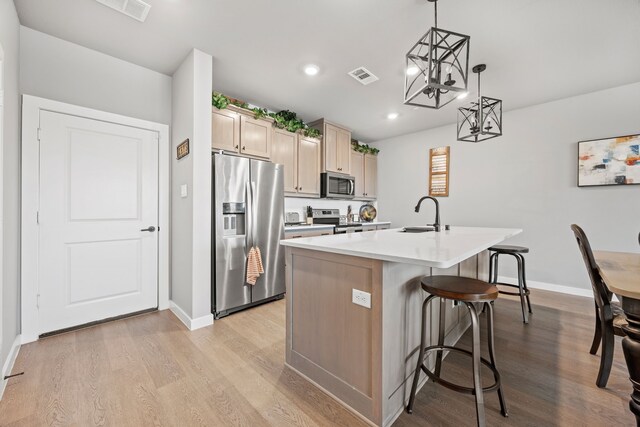 kitchen featuring pendant lighting, a center island with sink, a kitchen breakfast bar, sink, and appliances with stainless steel finishes