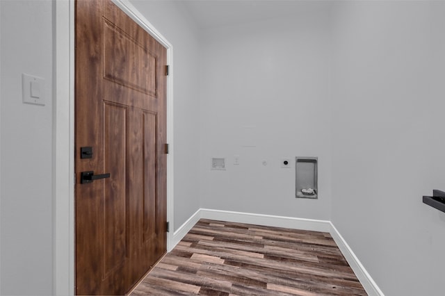 laundry area featuring electric dryer hookup and dark hardwood / wood-style flooring