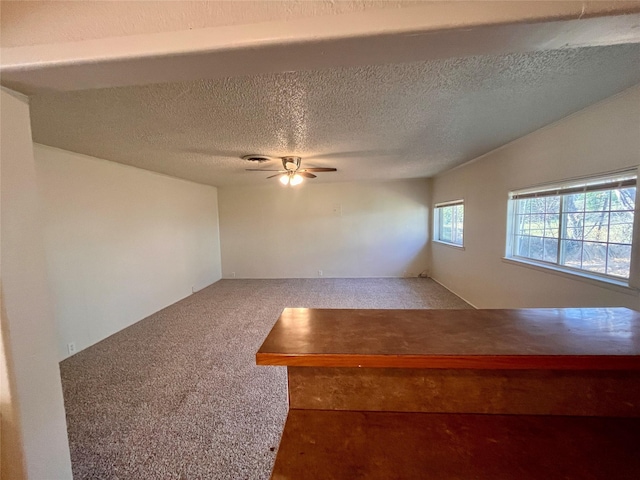 empty room with carpet flooring, a textured ceiling, and ceiling fan