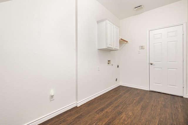 laundry room with washer hookup, dark hardwood / wood-style floors, cabinets, and hookup for an electric dryer