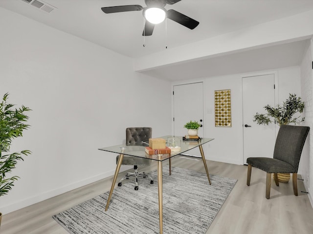 office area featuring ceiling fan and light wood-type flooring