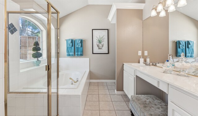 bathroom with tile patterned flooring, vanity, lofted ceiling, and shower with separate bathtub