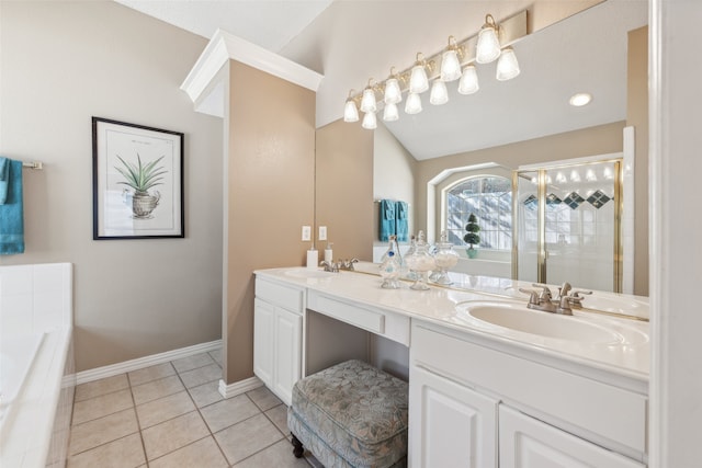 bathroom featuring vanity, tile patterned floors, and independent shower and bath