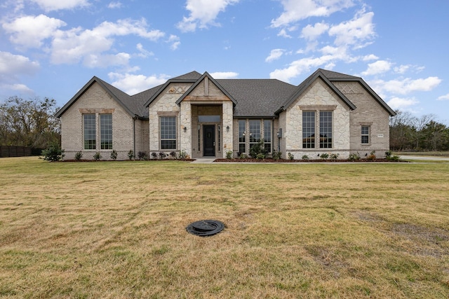 french country inspired facade featuring a front lawn