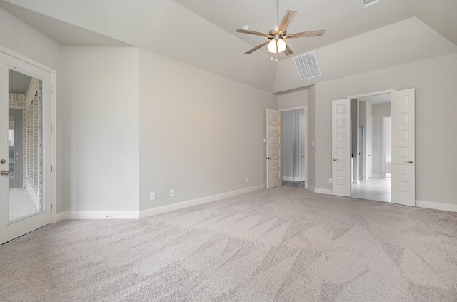 unfurnished bedroom with access to exterior, ceiling fan, light carpet, and lofted ceiling