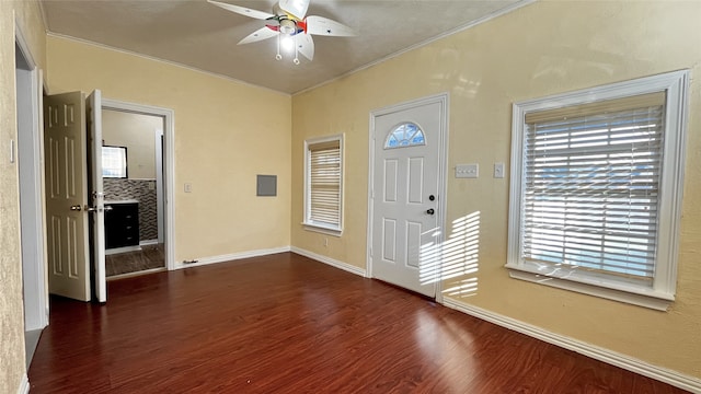 entrance foyer featuring ceiling fan and dark hardwood / wood-style floors