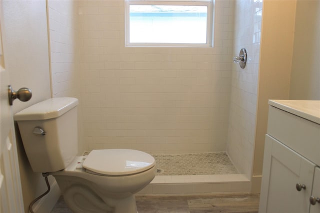 bathroom with a tile shower, vanity, and toilet