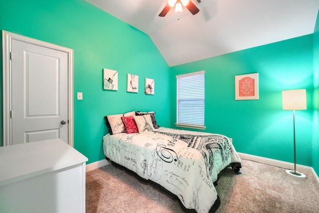 bedroom with carpet flooring, ceiling fan, and lofted ceiling