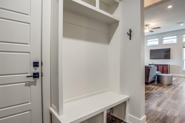 mudroom with wood-type flooring and ceiling fan