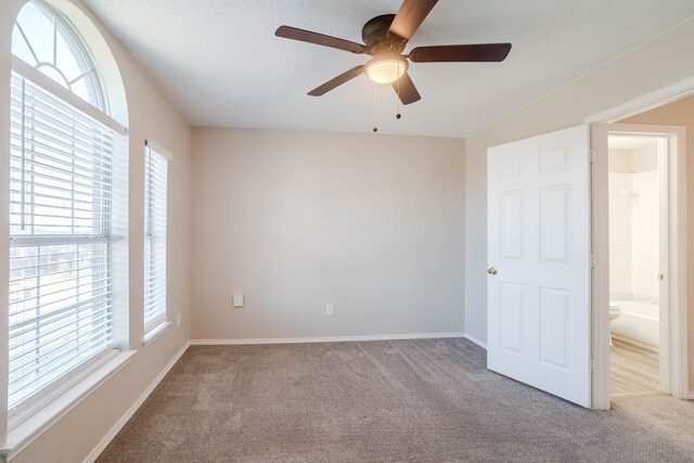 carpeted empty room featuring a textured ceiling, plenty of natural light, and ceiling fan