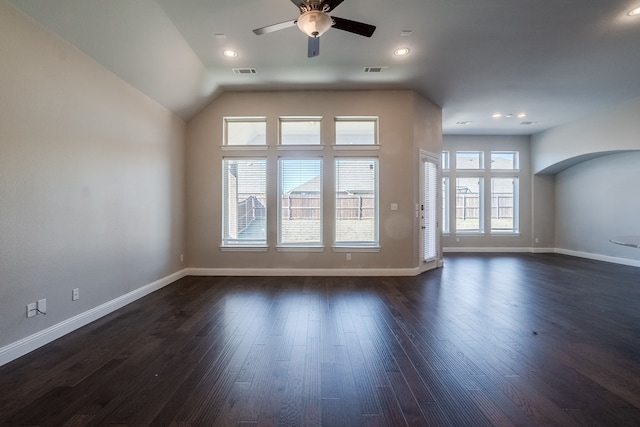 interior space featuring ceiling fan, plenty of natural light, and dark hardwood / wood-style floors