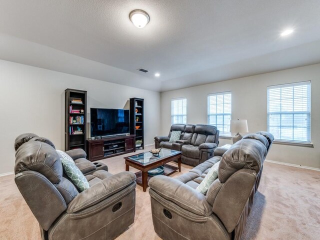 living room with light colored carpet