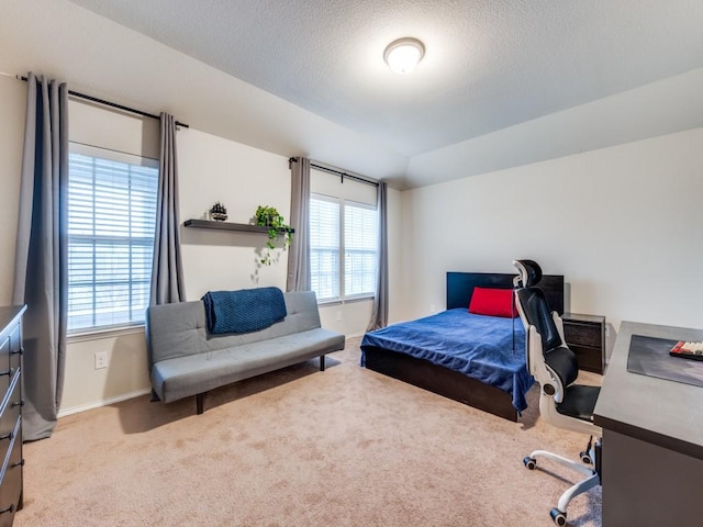 bedroom with light carpet, a textured ceiling, and multiple windows