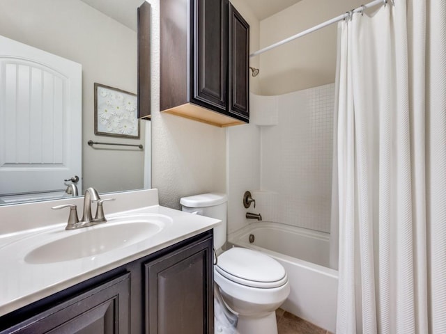 full bathroom featuring toilet, vanity, and shower / bath combination with curtain