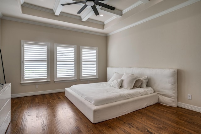 bedroom featuring coffered ceiling, ceiling fan, ornamental molding, beamed ceiling, and dark hardwood / wood-style flooring