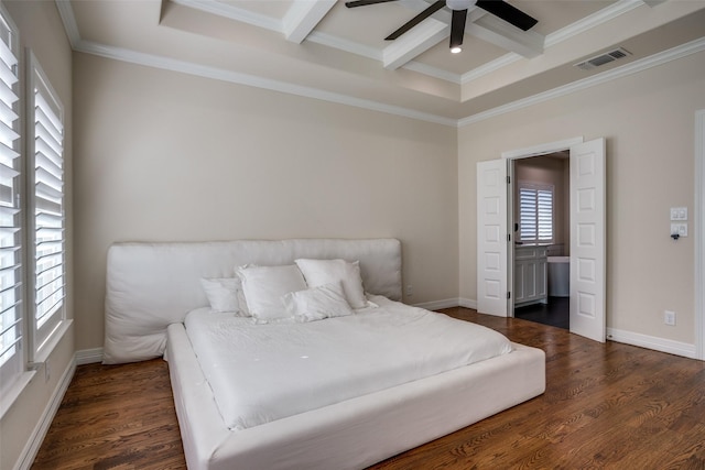 bedroom featuring ceiling fan, dark hardwood / wood-style flooring, beamed ceiling, and coffered ceiling