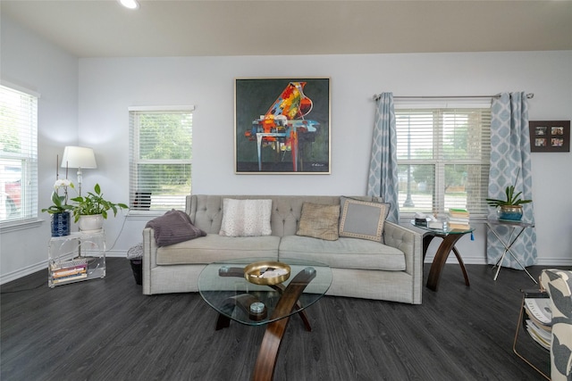 living room featuring a healthy amount of sunlight and dark hardwood / wood-style floors