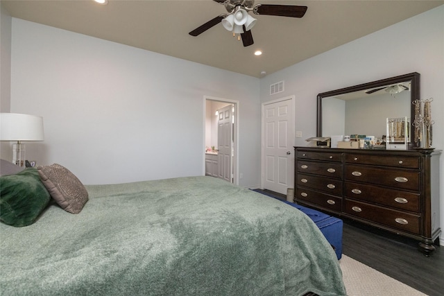 bedroom featuring ensuite bathroom and ceiling fan