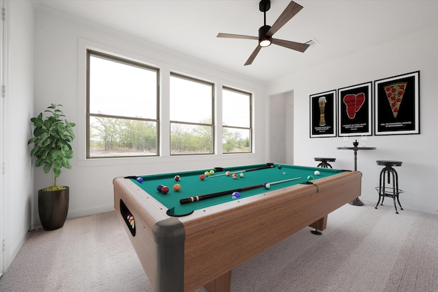 playroom featuring light carpet, ceiling fan, ornamental molding, and pool table