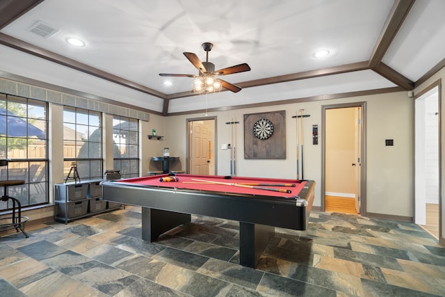 recreation room with ceiling fan and billiards