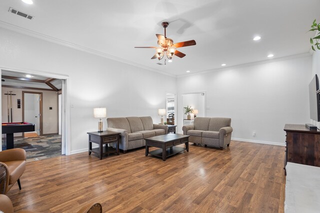 living room with hardwood / wood-style floors, ceiling fan, crown molding, and billiards