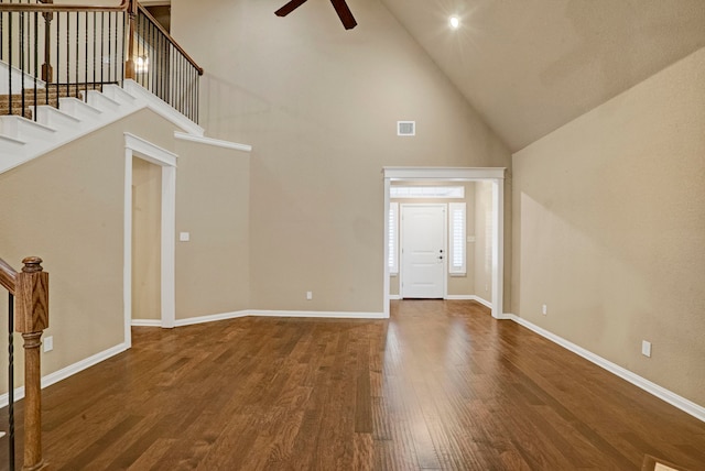 unfurnished living room featuring ceiling fan, high vaulted ceiling, and hardwood / wood-style floors