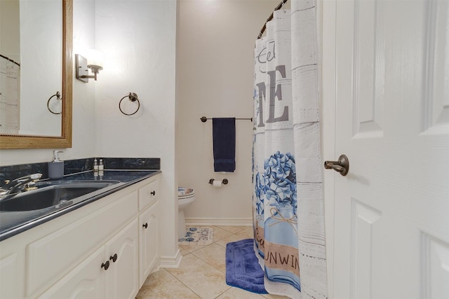 bathroom with tile patterned flooring, vanity, toilet, and walk in shower