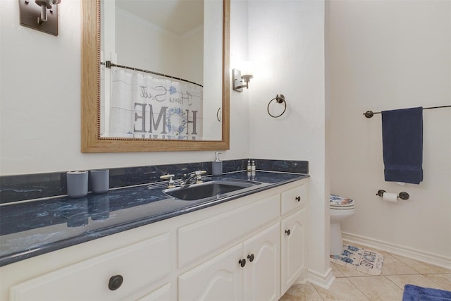 bathroom featuring vanity, tile patterned flooring, toilet, ornamental molding, and curtained shower