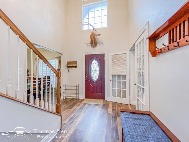 entryway with a high ceiling and hardwood / wood-style flooring