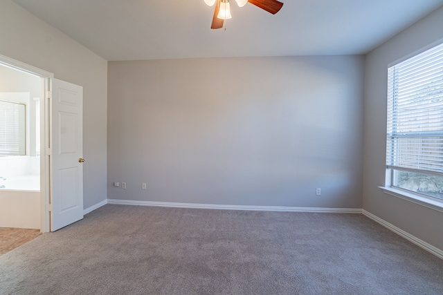 unfurnished room with carpet and ceiling fan