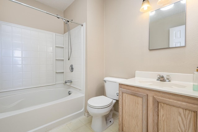 full bathroom with tile patterned flooring, vanity, washtub / shower combination, and toilet