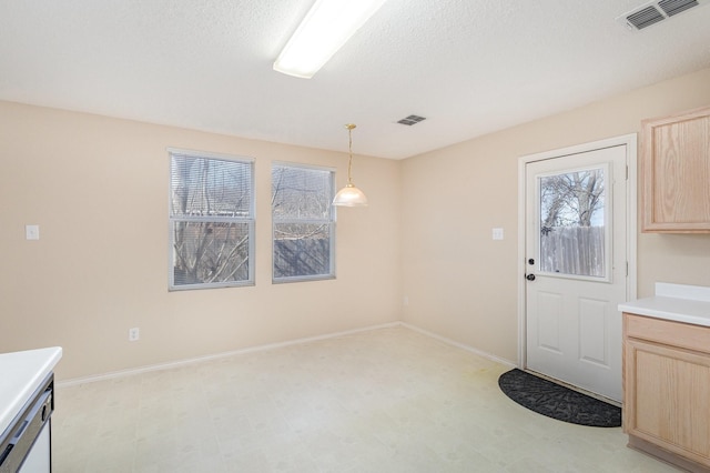 unfurnished dining area with a textured ceiling