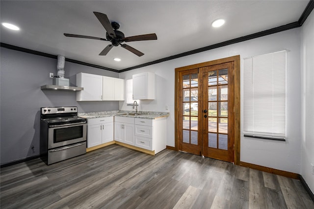 kitchen featuring french doors, sink, white cabinetry, stainless steel electric range oven, and ornamental molding