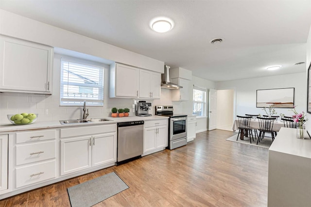 kitchen with sink, wall chimney exhaust hood, stainless steel appliances, backsplash, and white cabinets