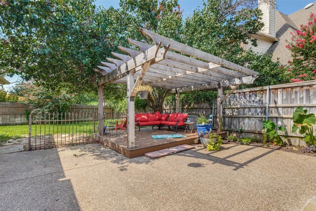 view of patio / terrace featuring a pergola, a deck, and an outdoor hangout area