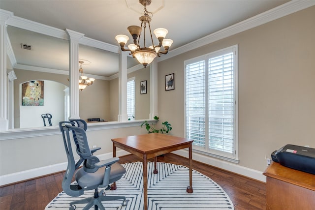 office space with ornamental molding, dark wood-type flooring, and a notable chandelier