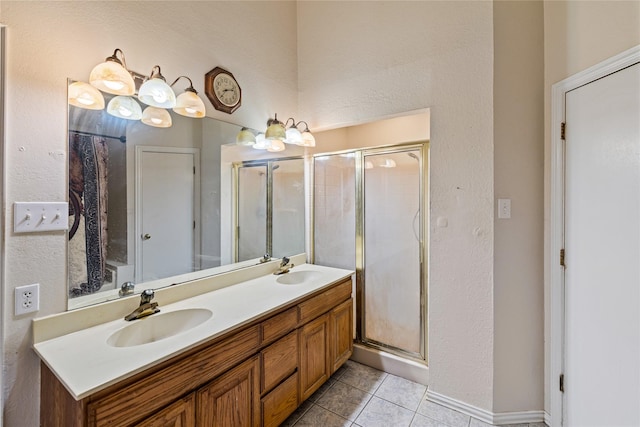 bathroom with walk in shower, vanity, and tile patterned flooring