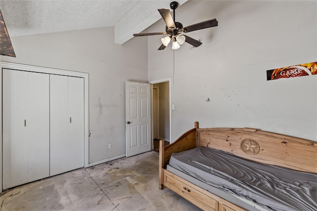 bedroom featuring ceiling fan, high vaulted ceiling, a textured ceiling, and a closet