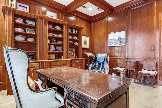 office area with wood walls, beamed ceiling, coffered ceiling, and light wood-type flooring