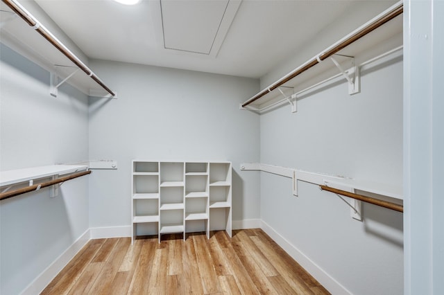 walk in closet with light hardwood / wood-style floors