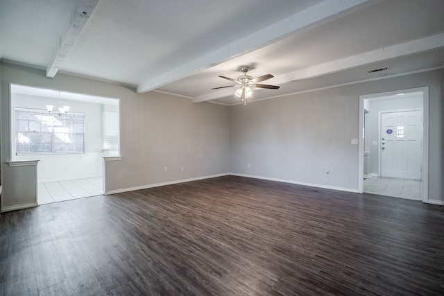 unfurnished room with ceiling fan with notable chandelier, beam ceiling, and wood-type flooring