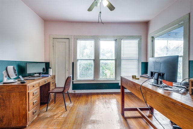 office with ceiling fan, a wealth of natural light, and light hardwood / wood-style flooring