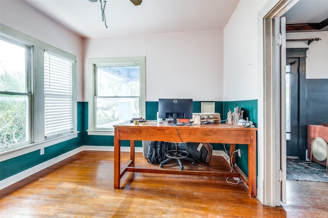 office area featuring ceiling fan and light hardwood / wood-style floors