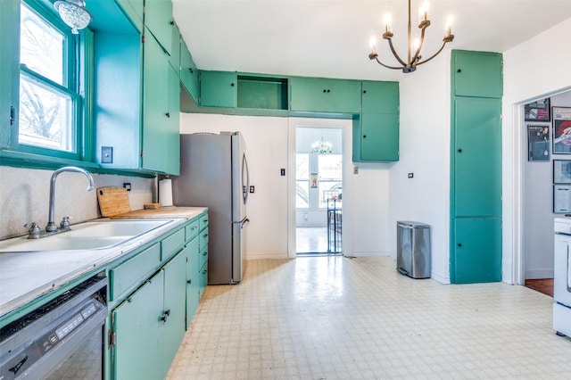 kitchen with dishwasher, an inviting chandelier, green cabinets, sink, and stainless steel refrigerator